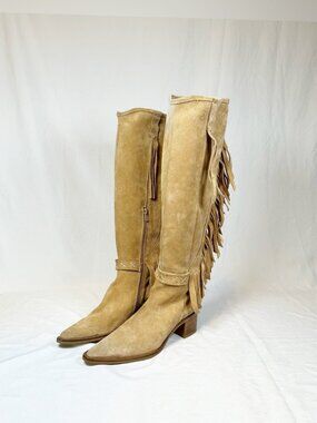 Bronx Brand Tall Tan Suede Fringe Pointy Boho Knee High Cowgirl Western Boots~7~